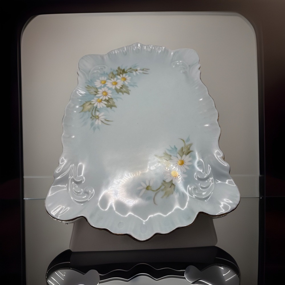 Antique Porcelain Hand Painted Signed Miriam Vanity Tray 12"x8" Light Blue Daisy